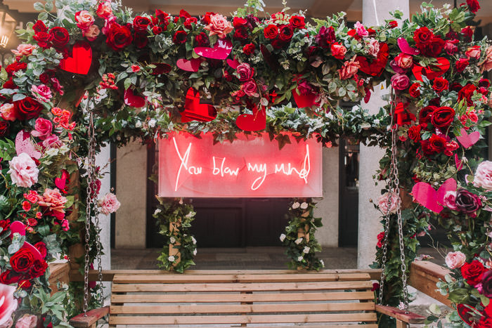 blossom, covent garden london, creative floral installation, doors of london, early hours london, Early Hours LTD, floral installation, floral wall, huge roses, iconic valentines rose, lauren baker art, london florist, london flowers, london love, neon sign, pink roses, red hearts, red roses, storefronts, valentines, valentines day, valentines in london, you blow my mind, floral wall