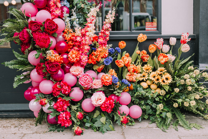 colourful florals, doors of london, early hours london, faux flowers, floral workshop, Grounds and Grapes, iconic london restuarants, influencers event, innovative london florist, london florist, mr and mrs Unique, press event, rainbow florals, shop fronts, spring flowers
