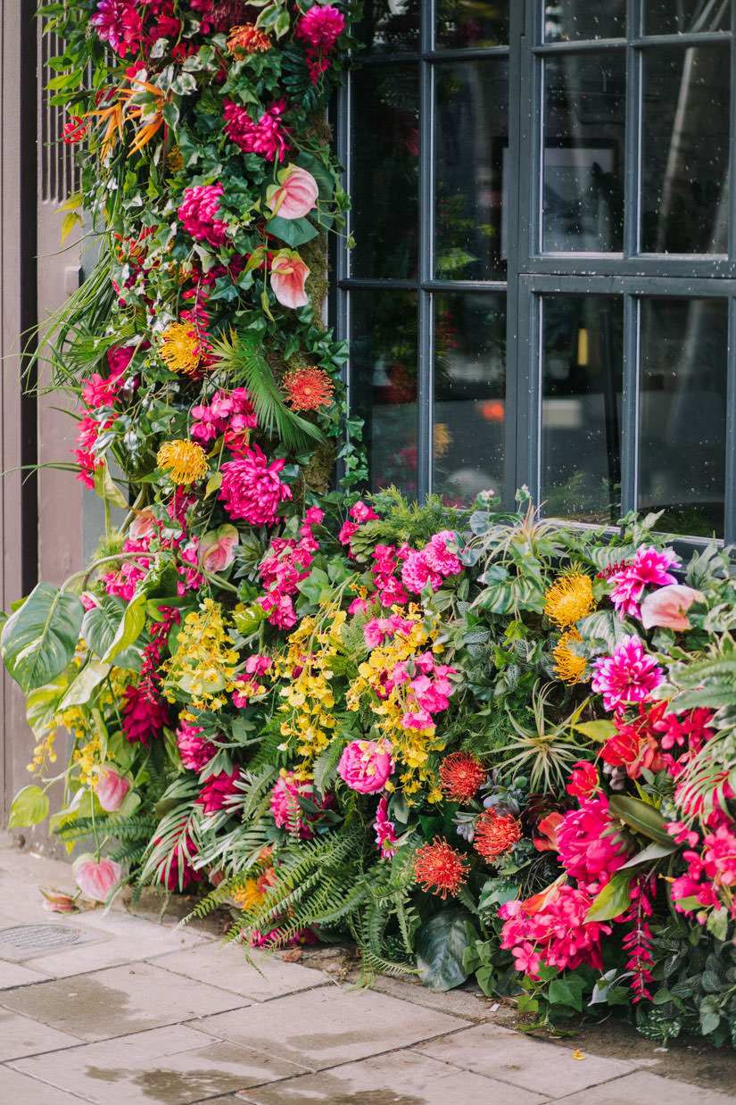 Summer floral installation at Grounds and Grapes